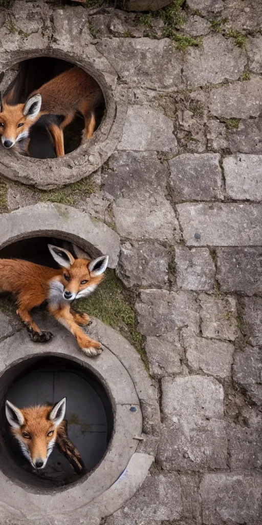 Prompt: a fox is hidden inside a manhole trying to jump out meanwhile a curious goat is looking at him from the exterior, 4k photography flash