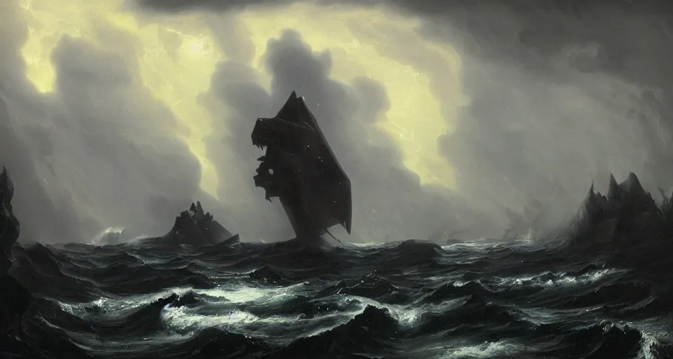 Image similar to black lovecraftian eldritch!! obsidian pyramid!! a snowy island surrounded by raging stormy seas, 1 7 0 0 s frigate, with a large shadow of a creature in the background by eugene von guerard, ivan shishkin, night, red lightning!!, storm!, dramatic lighting, concept art, trending on artstation, 8 k