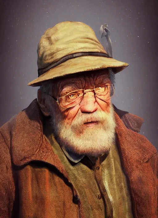 Prompt: realistic renderings portrait of very old fisher man portrait with a hat, port scene background, astonishing scenes, detailed, photorealism, volumetric lighting, autumn lights colors