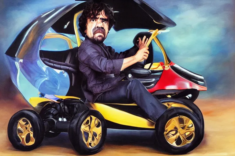 Image similar to black velvet painting of peter dinklage driving a little tikes crazy coupe