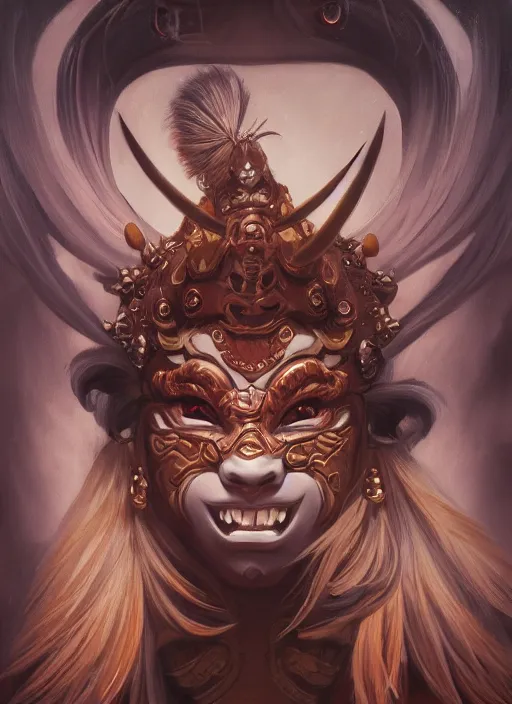 Image similar to a beautiful detailed oil on copper art illustration of a oni hannya mask shogun woman, centered, by charlie bowater, zeng fanzh, trending on artstation, dim dusk lighting, cinematic lighting, detailed lighting, volumetric lighting, realistic, f 8, 4 k hd wallpaper