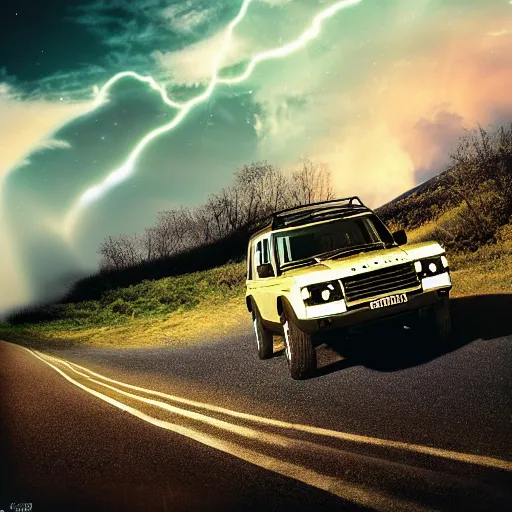 Image similar to land rover discovery driving down a windey road with noctoluminescent clouds in the sky, simplistic style, 1 9 8 0 s poster style