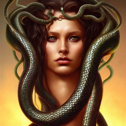 Image similar to medusa, perfect eyes, full body shot, snakes, portrait, fantasy, beautiful face, medieval, vivid colors, elegant, concept art, sharp focus, digital art, Hyper-realistic, 4K, Unreal Engine, Highly Detailed, HD, Dramatic Lighting by Brom, trending on Artstation