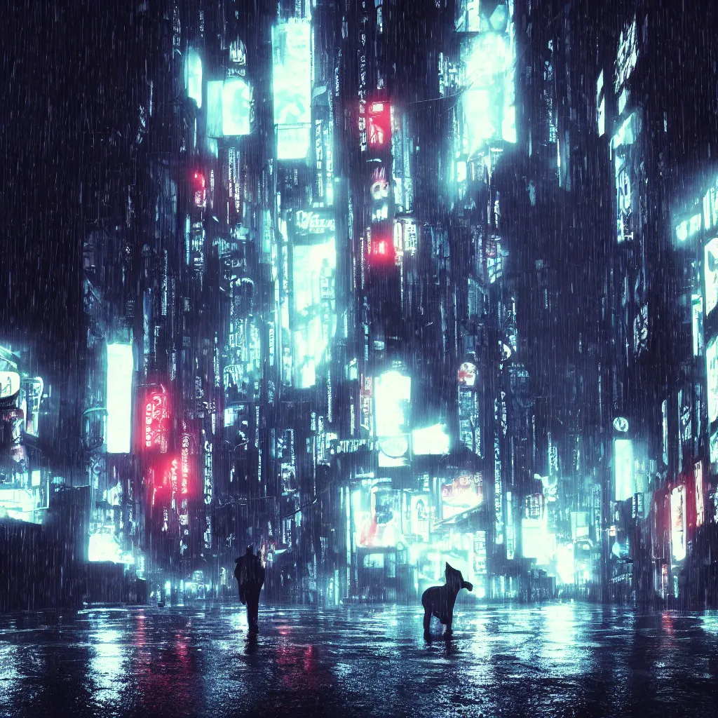 Prompt: dark city street in the rain, black cat standing in street, neon lights, cyberpunk, year 2 0 9 9, blade runner, octane render, 4 k