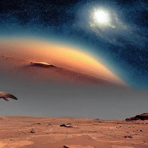 Prompt: whale on mars, photorealistic, very detailed, high definition landscape, gorgeous whale, stars and milky - way, award winning photograph, world press photo, wildlife photography