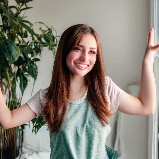 Image similar to Photograph of April, a cute young woman, long shiny bronze brown hair, full round face, green eyes, medium skin tone, light cute freckles, light blush, smiling softly, wearing casual clothing, interior lighting, cozy living room background, medium shot, mid-shot, hyperdetailed, hyperreal,