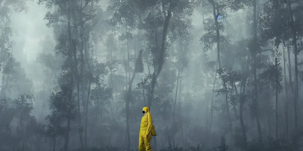 Prompt: a mysterious man in a yellow hazmat suit stands in a detailed fantastic forest, painting, concept - art, rendering, octane, redshift, cinematic composition, volumetric lighting