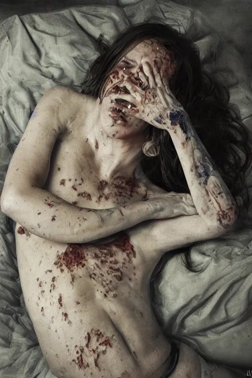 Prompt: lauren's stomach hurts after drinking too much alcohol, oil on canvas, intricate, portrait, 8 k highly professionally detailed, hdr, cgsociety