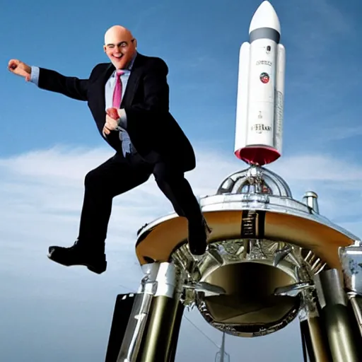 Prompt: A bald Tory Bruno in a suit, riding atop a rocket engine