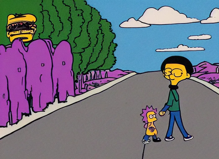 Image similar to a person walking down a road with a child, an album cover by matt groening, trending on tumblr, naive art, criterion collection, vaporwave, seapunk