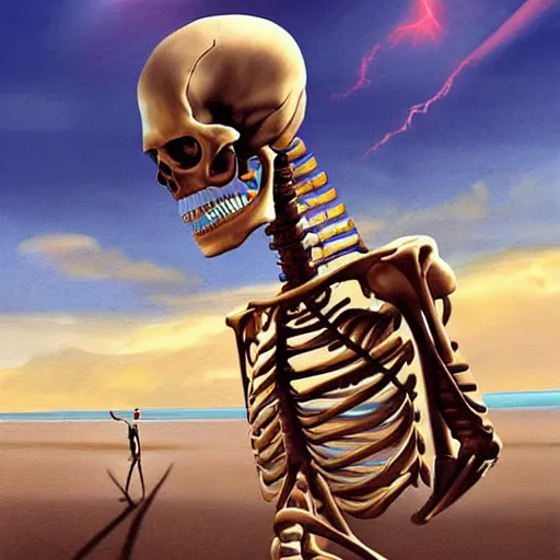 Image similar to Beautiful digital painting portrait of relaxed (((skeleton walking on the tropical beach))) with nuclear bomb explosion in the background!!!, by James Gurney, high quality, trending on Artstation, aesthetic lightning, anatomically correct skeleton, high coherence, blue sky