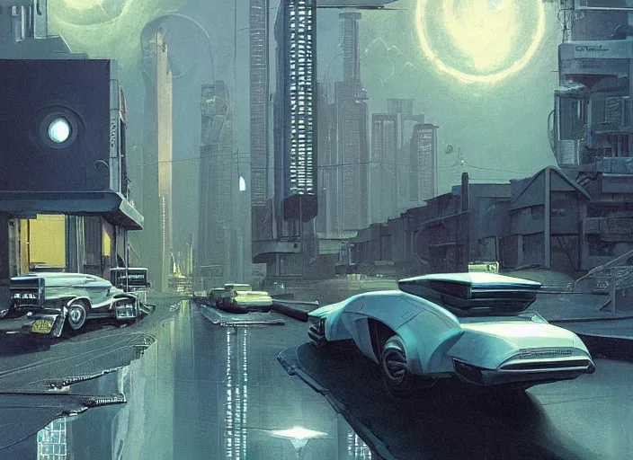 Prompt: a car bu driving down a street next to small buildings the night, cyberpunk art by Chesley Bonestell, cgsociety, retrofuturism, matte painting, reimagined by industrial light and magic