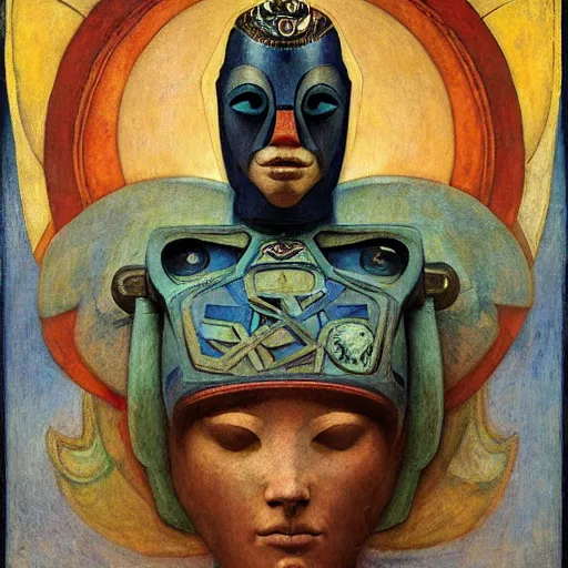 Image similar to the robot queen wearing her bird mask, by annie swynnerton and diego rivera and elihu vedder and jean delville, symbolist, dramatic lighting, elaborate geometric ornament, head and shoulders view, art brut, soft cool colors, smooth, sharp focus, extremely detailed, adolf wolfli, leo and diane dillon, nicholas roerich