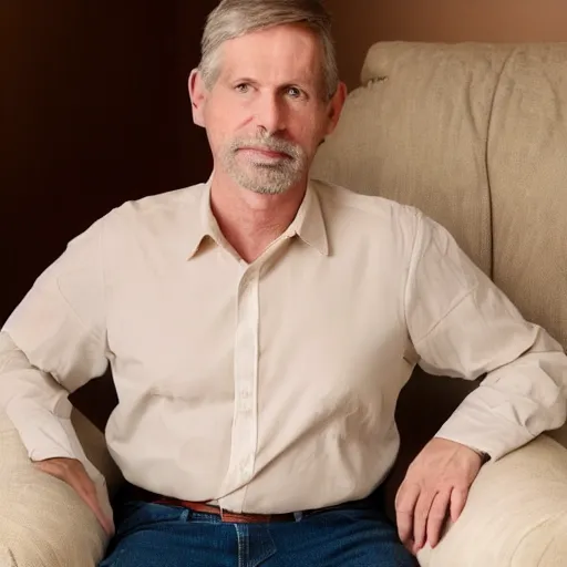 Image similar to full body photo of steve, mature male, mysterious face. he is a doctor. he is sitting gracefully on a sofa, elegant slim beige shirt. he has dad's belly