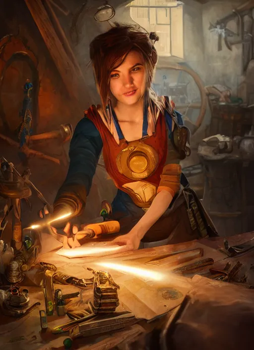 Image similar to An epic fantasy comic book style portrait painting of a young tinker girl working on a device in her workshop in the style of the wheel of time, unreal 5, DAZ, hyperrealistic, octane render, cosplay, RPG portrait, dynamic lighting