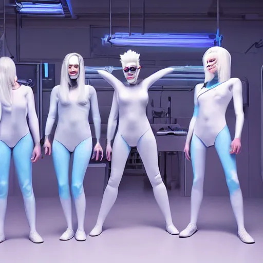 Image similar to troop of freak show women with white hair, white hair, tight light blue neopren suits, futuristic production facility, sci - fi, highly detailed, cinematic