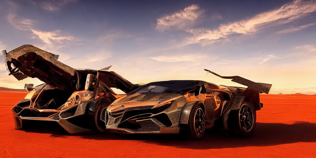 Prompt: cyberpunk lamborgini in desert at sunset by moebis, frank stephenson, scott robertson