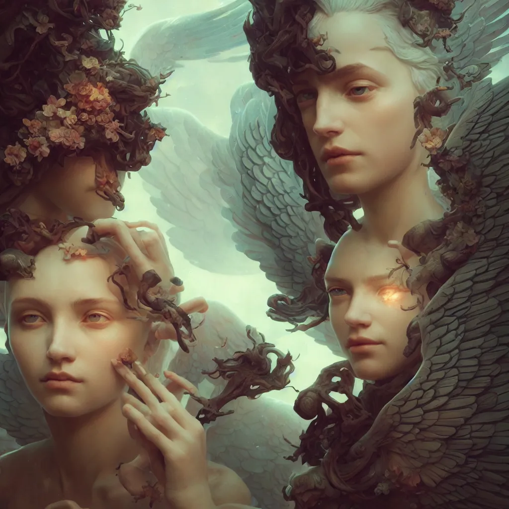 Prompt: beautiful very extreme closeup portrait, stone angels statues, unreal engine, greg rutkowski, loish, rhads, beeple, tom bagshaw, alphonse mucha, global illumination, detailed and intricate environment