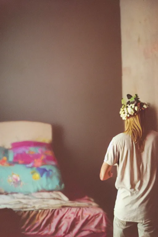 Prompt: agfa vista 4 0 0 photograph of a skinny blonde guy standing in a cluttered 9 0 s bedroom, flower crown, back view, grain, moody lighting, moody vibe, telephoto, 9 0 s vibe, blurry background, vaporwave colors!, faded!,