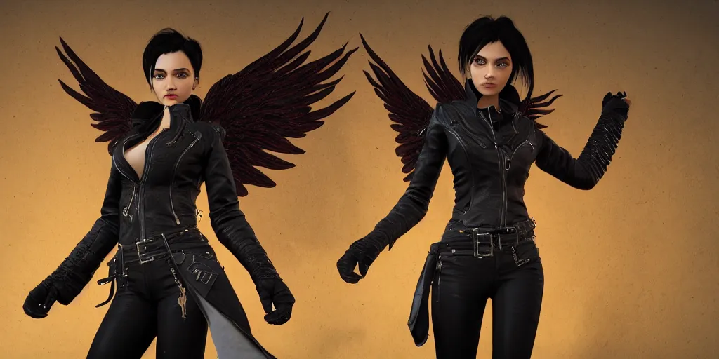 Image similar to a woman with black hair and a leather jacket with phoenix wings, character portrait, unreal engine 5, intricate, detailed, realistic, masterpiece