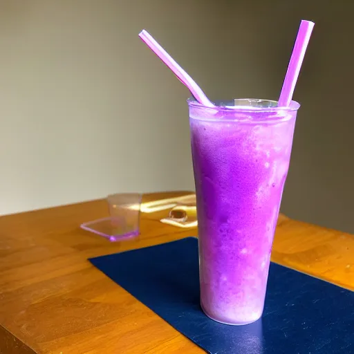 Prompt: Purple Slurm with two straws sticking out, on table, in cup