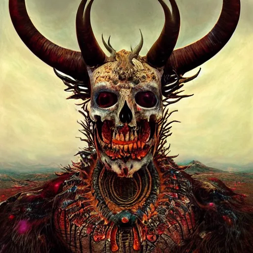 Prompt: A beautiful detailed aesthetic horror portrait painting titled 'The God of death' description 'Horned face with scales and bones shimmering' by Takashi Murakami and Wayne Barlowe, the desolate plains of hell in the background, Trending on cgsociety artstation, 8k, masterpiece, highly detailed.