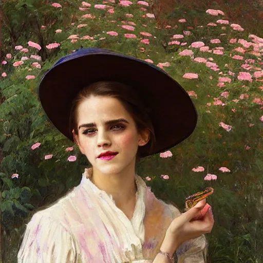 Image similar to closed eyes thick paint brush strokes full body fashion model smiling emma watson by Jeremy Lipking by Hasui Kawase by Richard Schmid (((smokey eyes makeup eye shadow fantasy, glow, shimmer as victorian woman in a long white frilly lace dress and a large white hat having tea in a sunroom filled with flowers, roses and lush fern flowers ,intricate, night, highly detailed, dramatic lighting))) , high quality