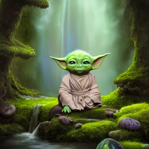 Image similar to tom bagshaw, beautiful kawai miniature baby yoda meditating, mythical shrine, soft painting render curiosities carnival pond river vegetation rocks bugs wildlife mushrooms covered moss bioluminescent wisps, beautiful stunning waterfall, accurate features, focus, very intricate ultrafine details, random volumetric lighting, fog, award winning masterpiece, octane render 8 k hd, artstation