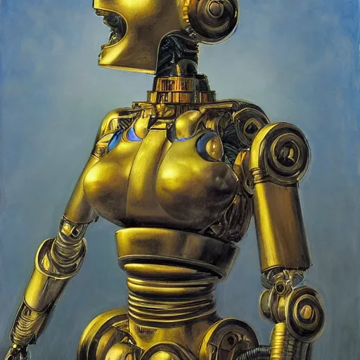 Image similar to the robot wearing her human mask, by christopher kit williams and donato giancola, symbolist, dramatic lighting, elaborate geometric ornament, art brut, god rays, soft cool colors, smooth, sharp focus, extremely detailed