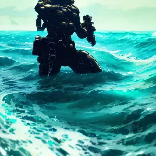 Prompt: man in the ocean looking for wifi by Akihito Yoshitomi AND Yoji Shinkawa AND Greg Rutkowski, Mark Arian trending on artstation