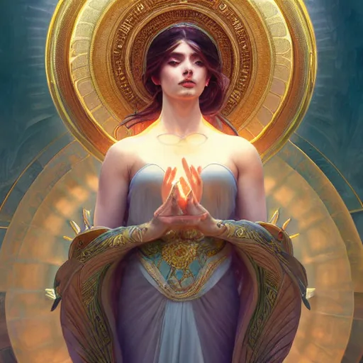 Prompt: perfectly - centered photograph of a goddess, highly detailed, professional digital painting, unreal engine 5, photorealism, hd quality, 8 k resolution, cinema 4 d, 3 d, cinematic, art by artgerm and greg rutkowski and alphonse mucha and loish and wlop