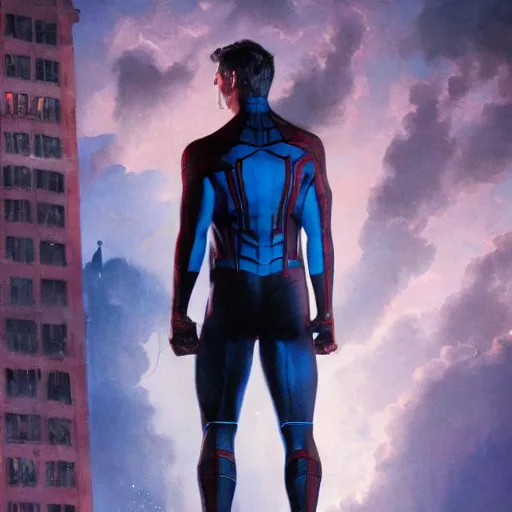 Image similar to ryan reynolds as spider - man, wearing a black and blue suit, cinematic, volumetric lighting, f 8 aperture, cinematic eastman 5 3 8 4 film, photorealistic by greg rutkowski, by stanley artgerm, by alphonse mucha