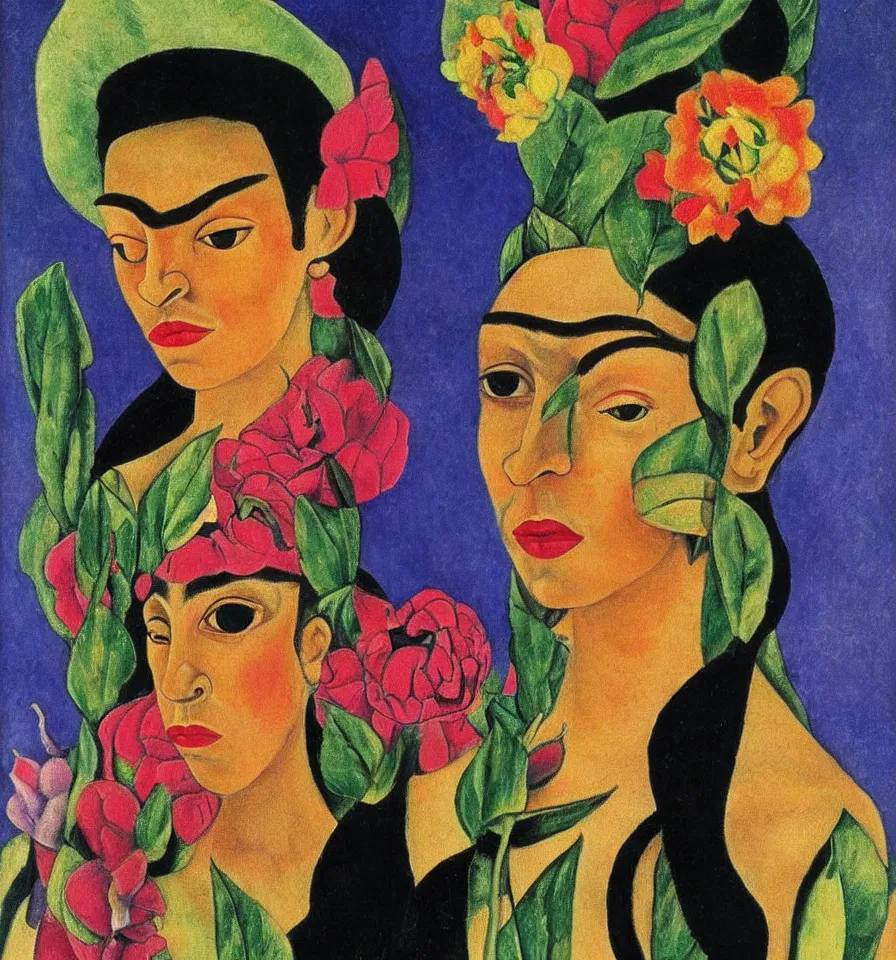 Prompt: a female elf transforming into a flower frida kahlo and alexej von jawlensky