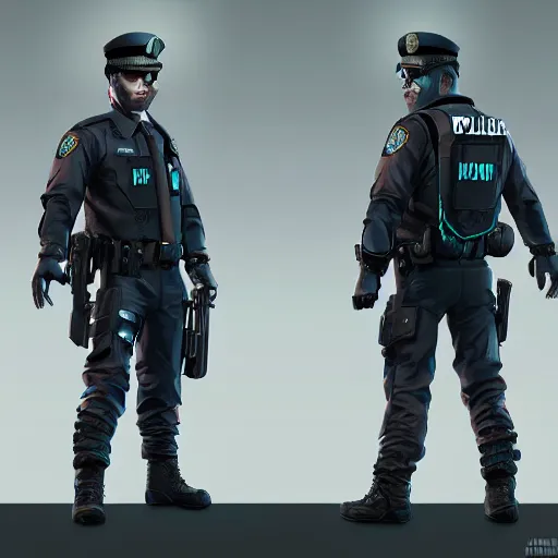 Prompt: character design, running cyberpunk police officer, photorealistic, octane render, unreal engine, hyper detailed, volumetric lighting