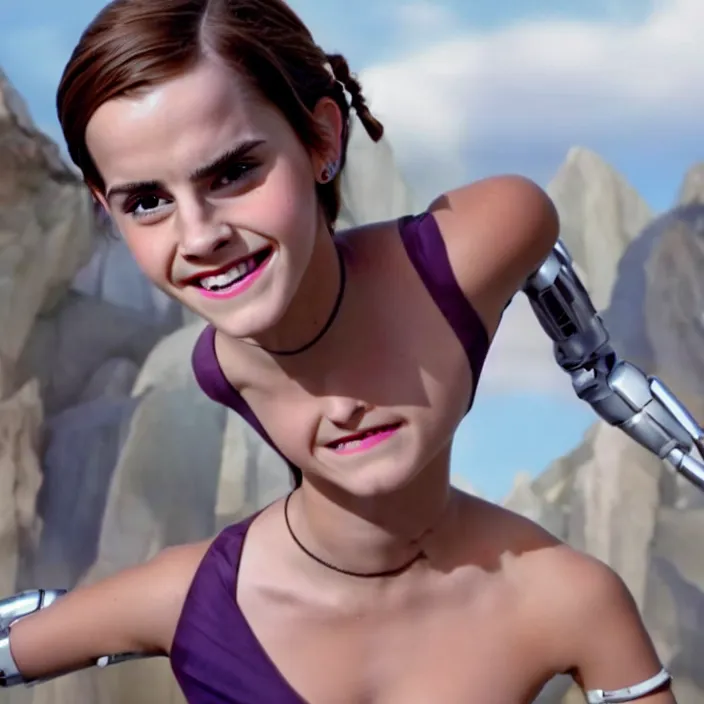 Image similar to Joyful! smiling Emma Watson wearing cyborg prosthetic, from The emperor's new groove (2000). Clear body. Light Clothes. Cinematic. Professional Photo. Low angle. 8k. Clear Face.