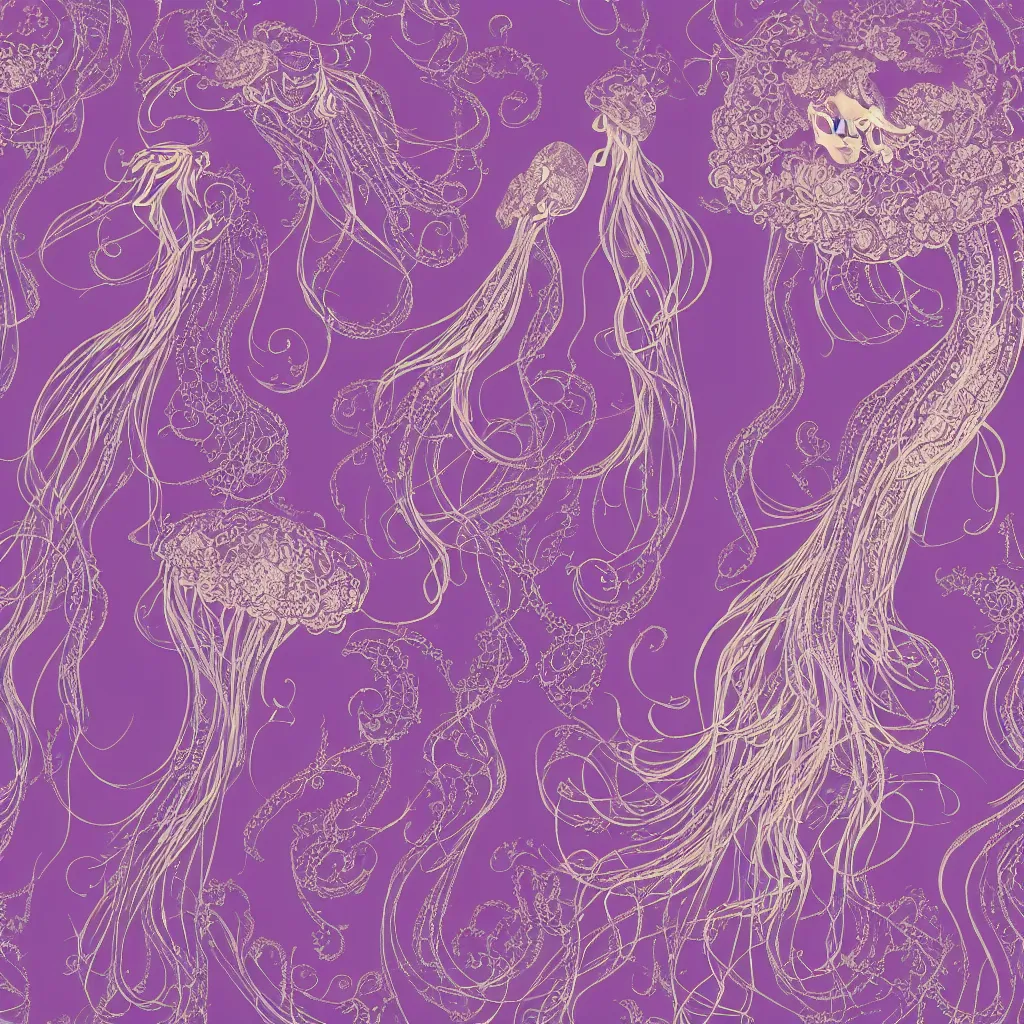 Prompt: purple dress design with goldenlace in the style of rococo ,Victorian era，jellyfish element,dreamy, soft ,Backlight ,luminescence,Aetherpunk,highly detailed,8k