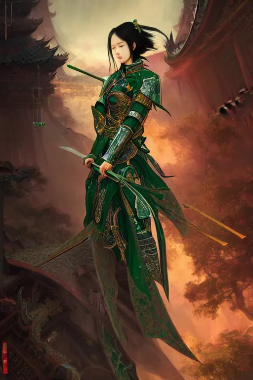 Prompt: portrait black hair young knights of Dynasty Warriors girl, metallic green armor, in ruin fire chinese palace sunrise, ssci-fi and fantasy, intricate and very beautiful and elegant, highly detailed, digital painting, artstation, concept art, smooth and sharp focus, illustration, art by tian zi and WLOP and alphonse mucha