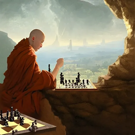 Image similar to cyberpunk baby playing chess at the top of a cliff monastery monks greg rutkowski