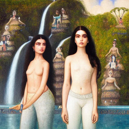 Image similar to a ultradetailed beautiful painting of lorde, frank ocean, the weeknd and lana del rey standing in front of the diamonds waterfall in the amazonas palace balustrade designed by jules bastien - lepage, tarsila do amaral, frank weston and gustave baumann, beach, trending on artstation, mediterranean, palm trees, sharp focus, soft light, 8 k 4 k