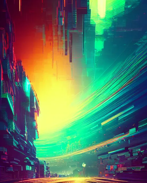 Image similar to Digital world, simulation theory, glitching, scifi, global illumination, unique landscape, fine details, perfect, 8k high detail, masterpiece, trending on ArtStation, by Alena Aenami, Petros Afshar, Liam Wong