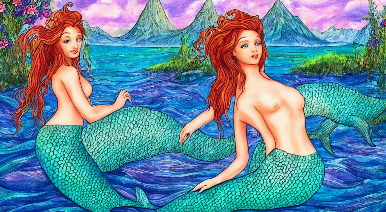 Prompt: a beautiful mermaid, very detailed face, photorealism, beautiful background with mountains and forests, colorful