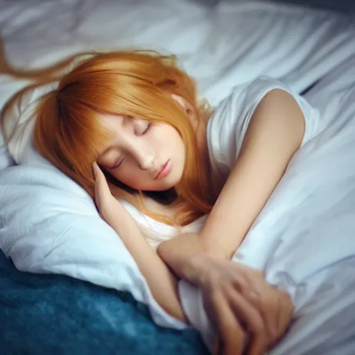 Image similar to cute young anime kawaii girl blonde hair sleeping on bed early morning full HD 4K highest quality realistic beautiful gorgeous natural