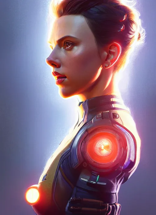 Image similar to portrait of apex legends scarlett johansson, intricate, elegant, glowing lights, highly detailed, digital painting, artstation, glamor pose, concept art, smooth, sharp focus, illustration, art by artgerm and greg rutkowski, artey freytag