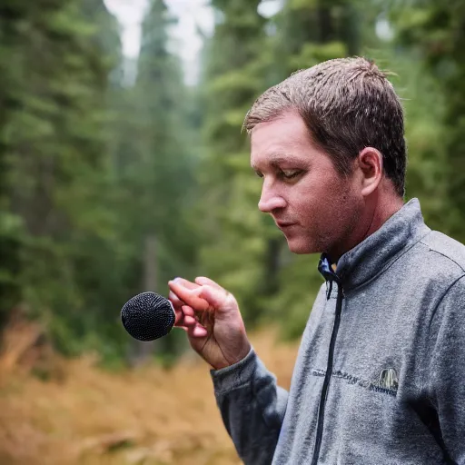 Prompt: A news reporter who is a deer speaks into a microphone while standing in the Siuslaw National Forest | 25mm f/1.8