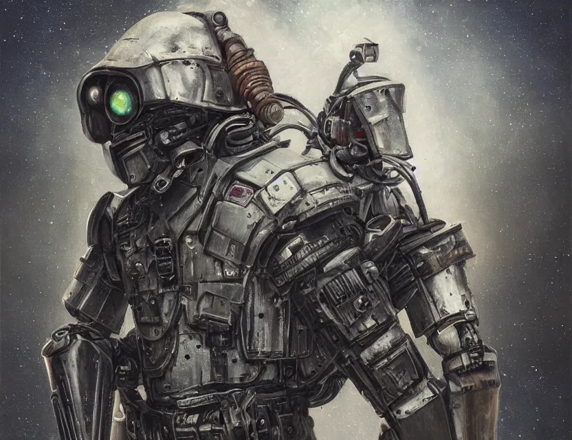 Prompt: a detailed portrait painting of a lone bounty hunter wearing combat armour and a reflective visor. Head and chest only. Dieselpunk elements. Movie scene, cinematic sci-fi scene. Flight suit, cloth and metal, accurate anatomy. Brutalist, dystopian. portrait symmetrical and science fiction theme with lightning, aurora lighting. clouds and stars. Atmospheric. Futurism by moebius beksinski carl spitzweg moebius and tuomas korpi. baroque elements. baroque element. intricate artwork by caravaggio. Oil painting. Trending on artstation. 8k