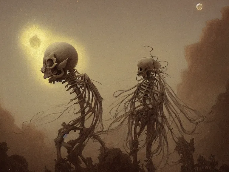 Image similar to a detailed profile illustration of skelleton, aurora lighting clouds and stars by beksinski carl spitzweg and tuomas korpi. baroque elements. baroque element. intricate artwork by moebius. Trending on artstation. 8k