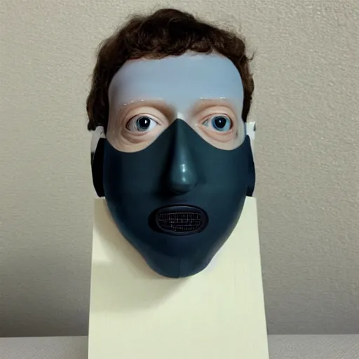 Image similar to Mark Zuckerberg rubber face mask on sale on ebay, being sold on ebay, photograph, poorly taken photograph, weird angle, realistic, hyperrealistic, very detailed, extremely detailed, dark lighting, poor lighting, very realistic, thumb on the camera lens, HD quality, 8k resolution, funny