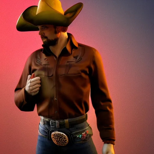 Image similar to a pin up man cowboy model posing, high resolution, artstation, hdr, sharp focus