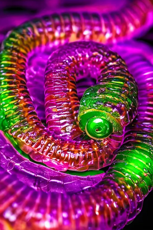 Image similar to high quality close-up photo translucent gelatinous centipede! gorgeous highly detailed hannah yata elson peter cinematic purple lighting high quality low angle hd 8k sharp shallow depth of field