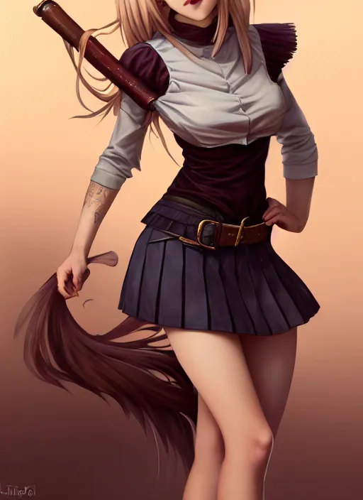 Image similar to portrait of a full body of beautiful young female detective, d & d, sleeveless turtleneck, pleated skirt, fantasy, flat lighting, intricate, highly detailed, digital painting, artstation, concept art, smooth, sharp focus, illustration, misa amane, art by simon bisley and greg rutkowski and alphonse mucha, natural tpose